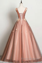 Pink v neck tulle lace long Formal Prom Dresses pink tulle formal Dresses