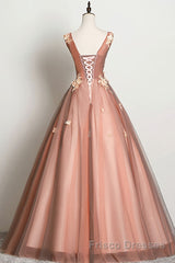 Pink v neck tulle lace long Formal Prom Dresses pink tulle formal Dresses