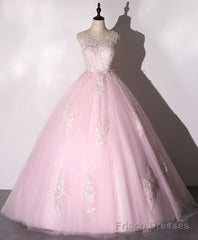 Pink V Neck Tulle Lace Long Prom Dress Pink Tulle Formal Sweet 16 Dress
