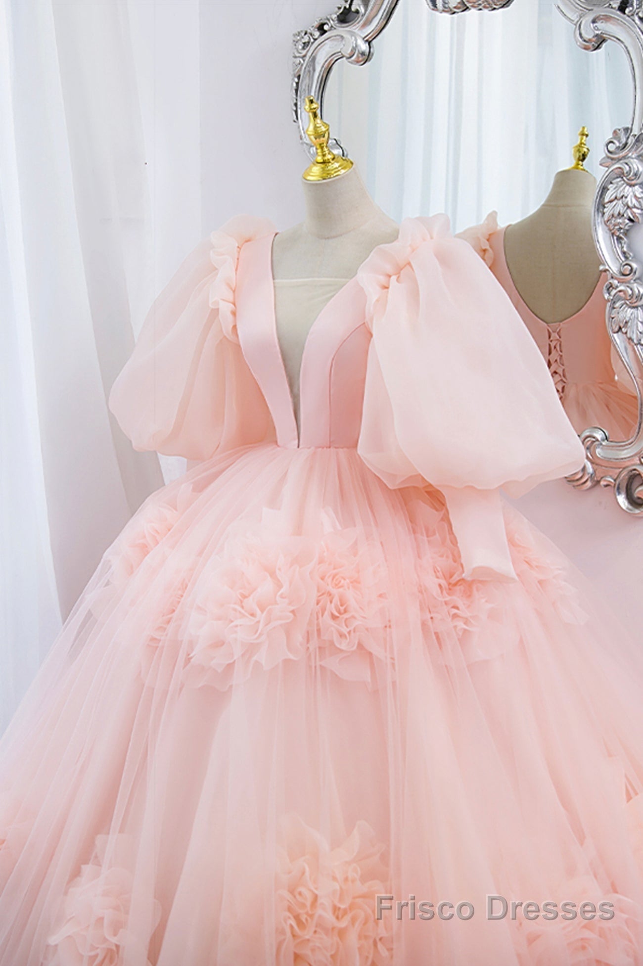 Pink V-Neck Tulle Long Prom Dress, A-Line Puff Sleeve Princess Dress Secondary image