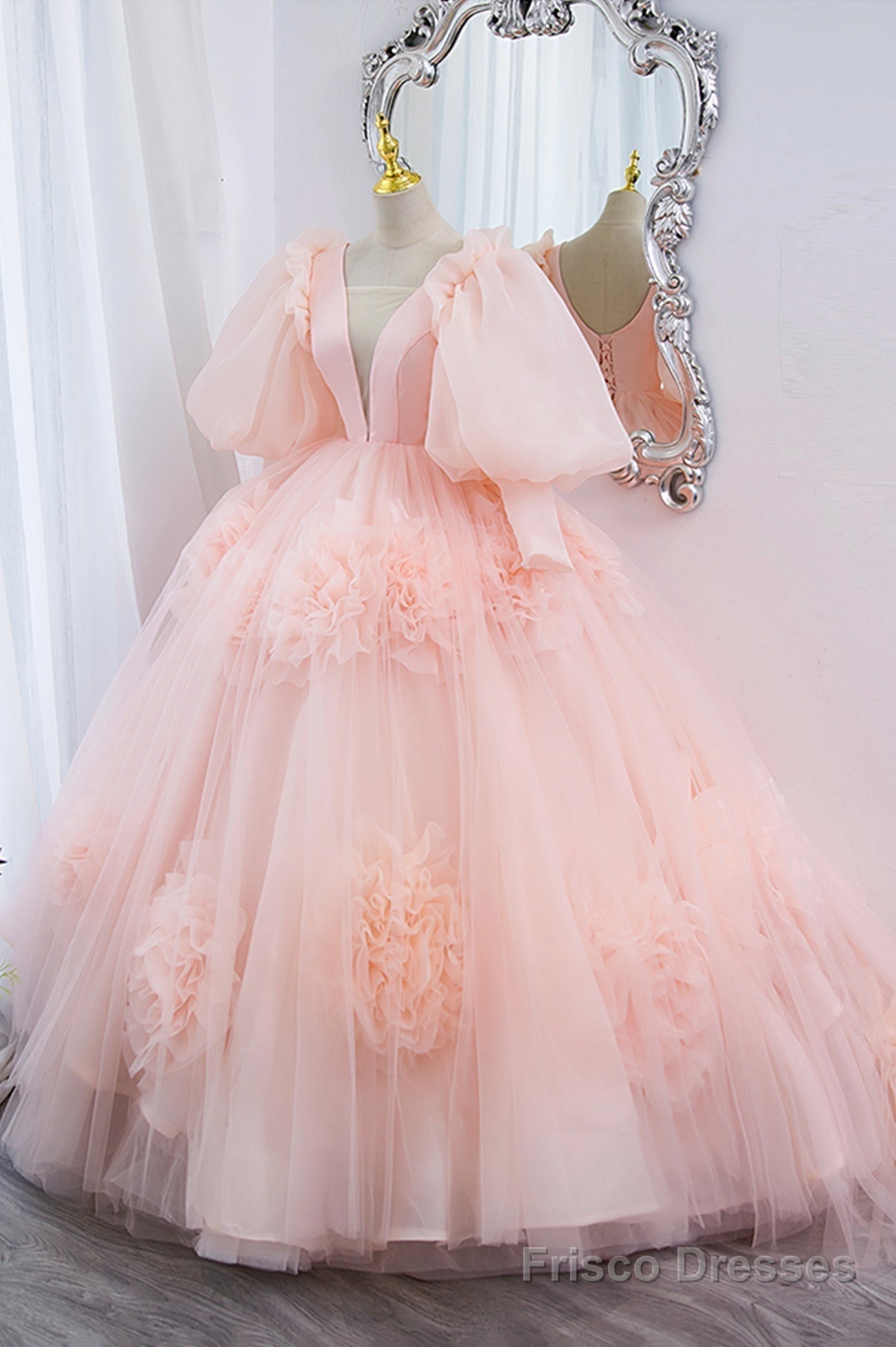 Pink V-Neck Tulle Long Prom Dress, A-Line Puff Sleeve Princess Dress Main image