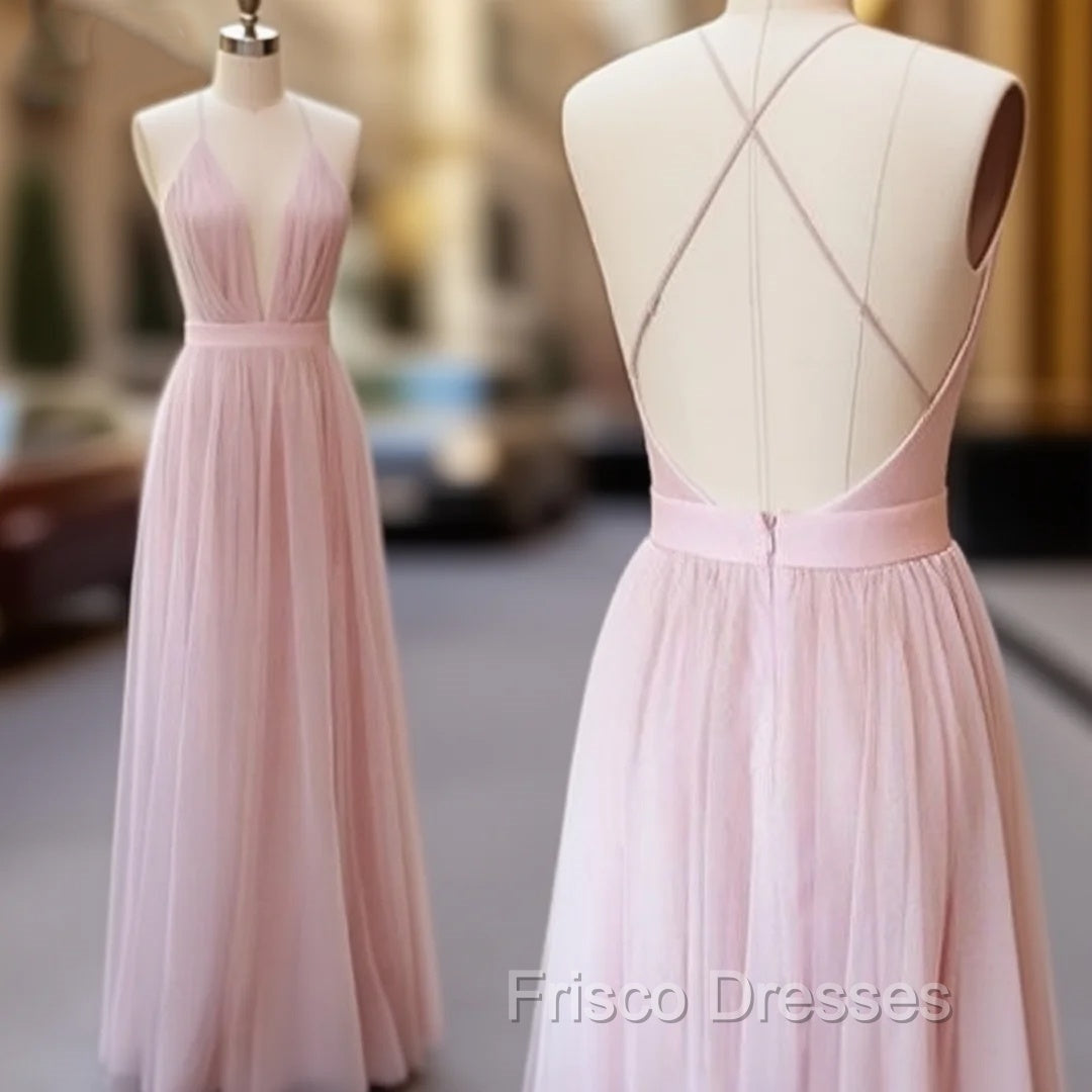 Pink V Neck Tulle Long Formal Prom Dress, Evening Dress