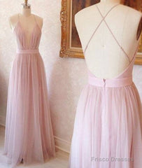 Pink V Neck Tulle Long Prom Dress, Evening Dress