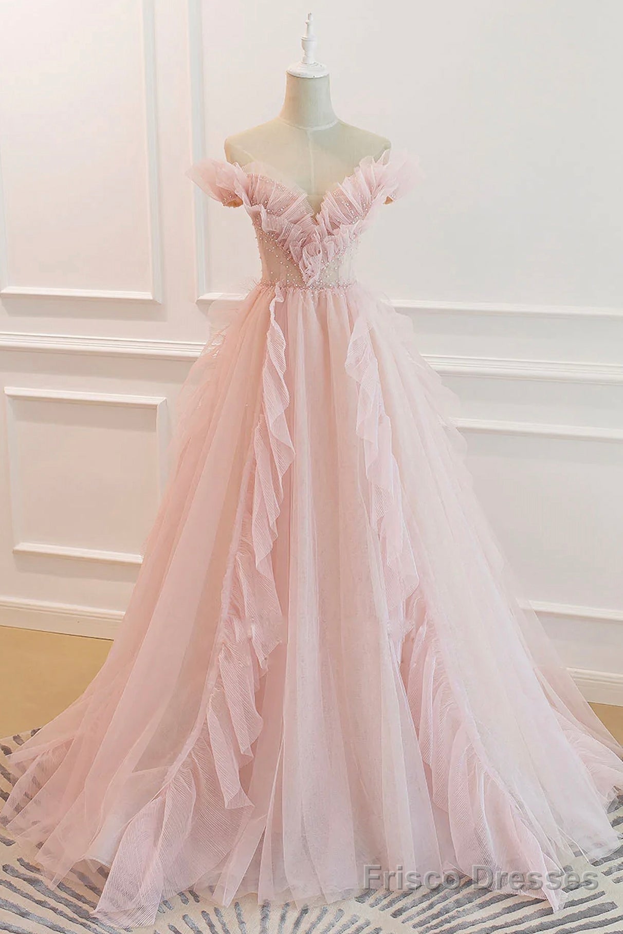 Pink V-Neck Tulle Long Prom Dress, Off the Shoulder Evening Graduation Dress Secondary image