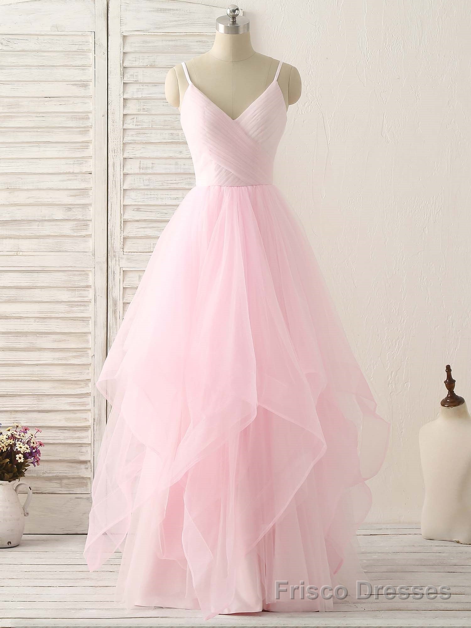 Pink V Neck Tulle Long Prom Dress Simple Pink Tulle Evening Dress Main image