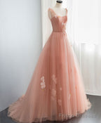 Pink V Neck Tulle Long Prom Dress, Tulle Pink Evening Dress