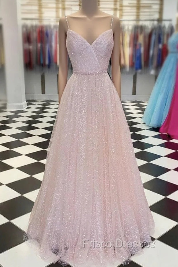 Pink V Neck Tulle Sequin Long Formal Prom Dress Pink Tulle Formal Dress Main image