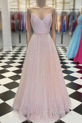 Pink V Neck Tulle Sequin Long Formal Prom Dress Pink Tulle Formal Dress
