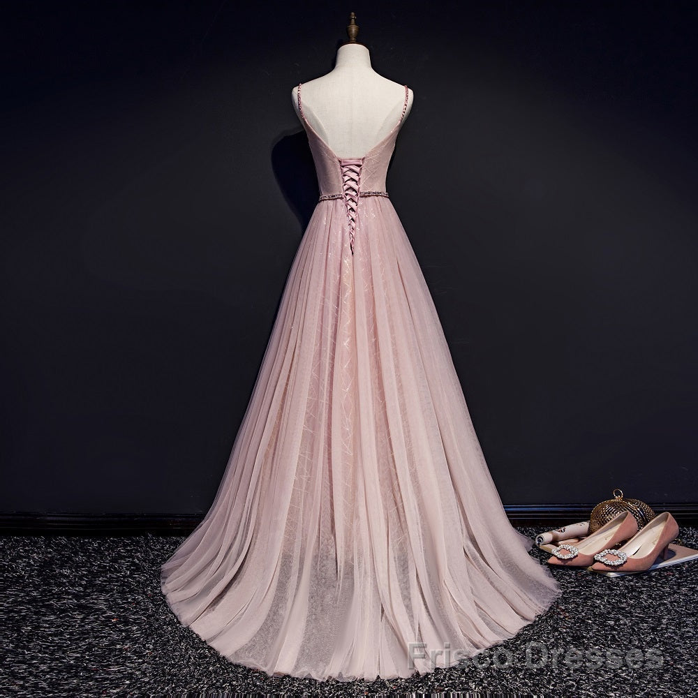 Pink V-neckline Beaded Tulle Prom Dress , Party Gown Secondary image