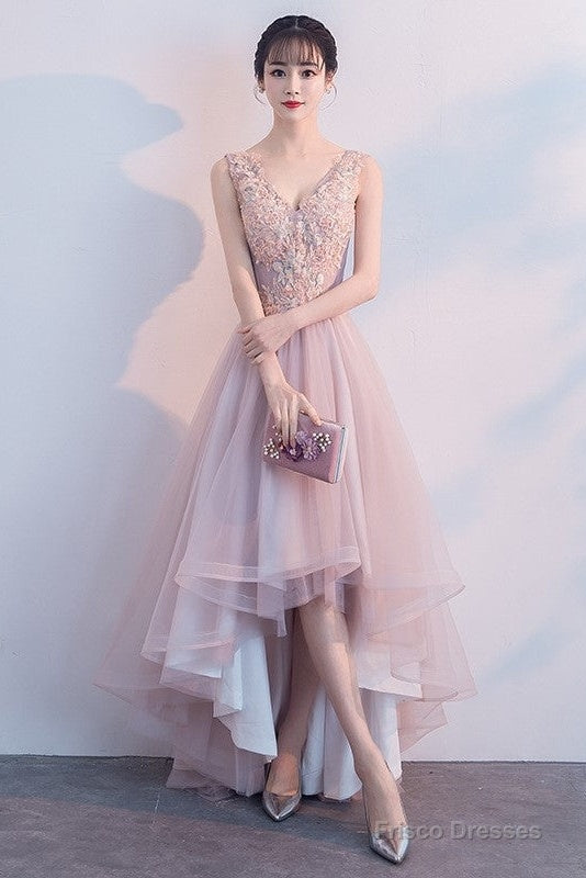 Pink V-Neckline High Low Formal Dress, Lace Applique Homecoming Dress