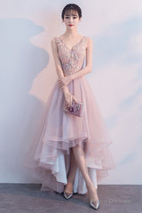 Pink V-Neckline High Low Formal Dress, Lace Applique Homecoming Dress