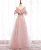 Pink V-neckline Lace Off Shoulder Long Party Dress, Pink Floor Length Formal Dress