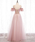 Pink V-neckline Lace Off Shoulder Long Party Dress, Pink Floor Length Formal Dress