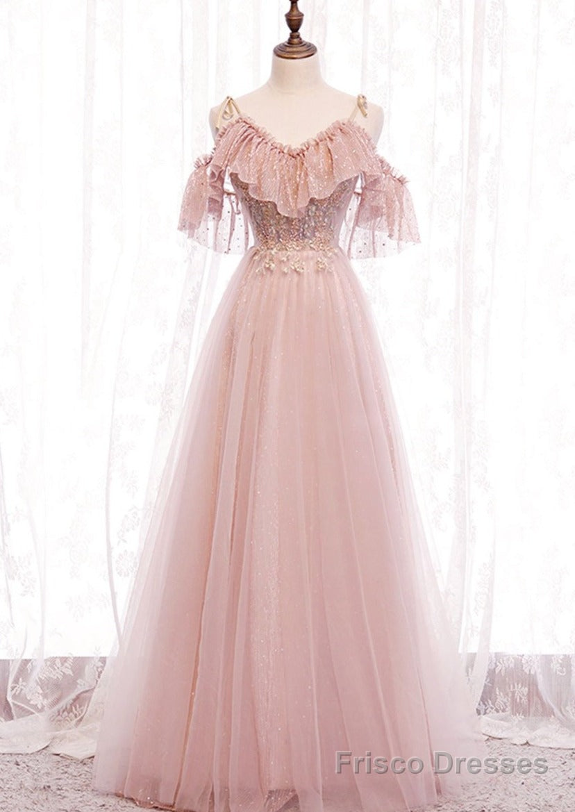 Pink V-neckline Lace Off Shoulder Long Party Dress, Pink Floor Length Formal Dress Secondary image