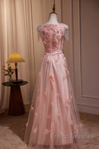 Pink V-Neckline Tulle Beaded With Lace Applique Formal Prom Dress, Pink Party Dress