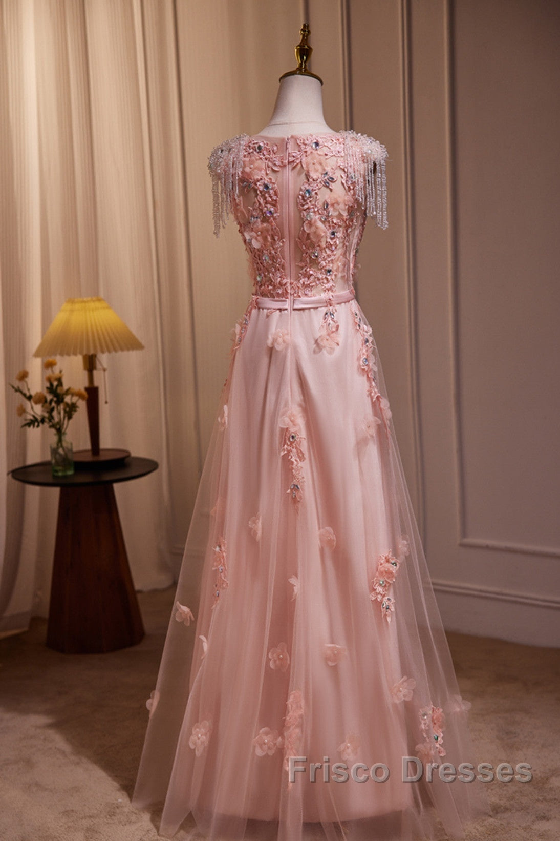 Pink V-Neckline Tulle Beaded With Lace Applique Formal Prom Dress, Pink Party Dress