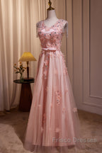Pink V-Neckline Tulle Beaded With Lace Applique Formal Prom Dress, Pink Party Dress