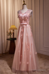 Pink V-Neckline Tulle Beaded With Lace Applique Prom Dress, Pink Party Dress