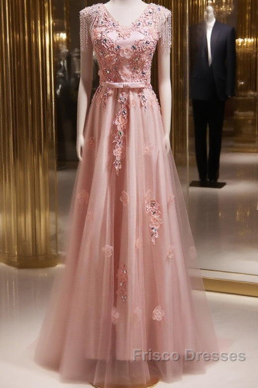 Pink V-Neckline Tulle Beaded With Lace Applique Formal Prom Dress, Pink Party Dress