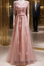 Pink V-Neckline Tulle Beaded With Lace Applique Formal Prom Dress, Pink Party Dress