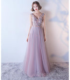 Pink V-Neckline Tulle With Flowers Beaded Long Party Dress, Junior Formal Prom Dress
