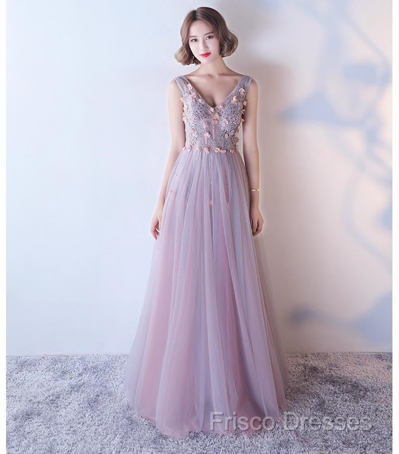 Pink V-Neckline Tulle With Flowers Beaded Long Party Dress, Junior Formal Prom Dress