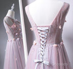 Pink V-Neckline Tulle With Flowers Beaded Long Party Dress, Junior Formal Prom Dress