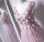 Pink V-Neckline Tulle With Flowers Beaded Long Party Dress, Junior Formal Prom Dress