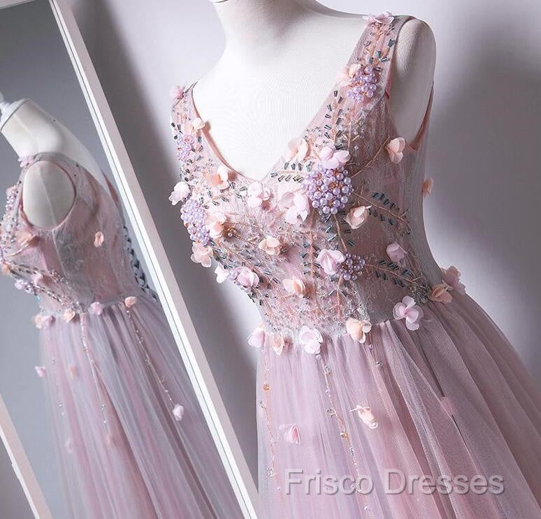 Pink V-Neckline Tulle With Flowers Beaded Long Party Dress, Junior Formal Prom Dress