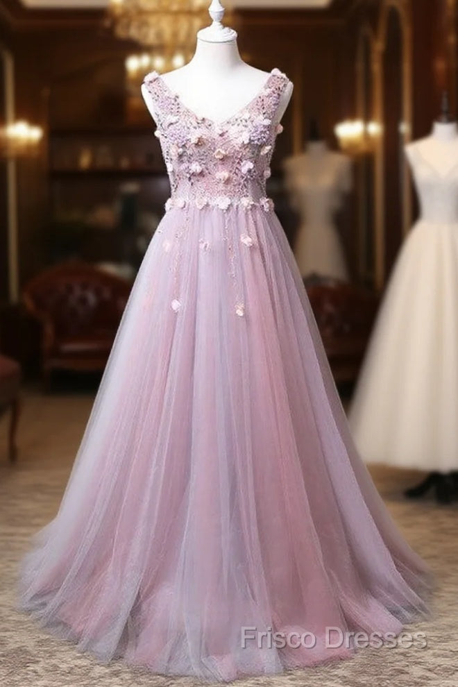 Pink V-Neckline Tulle With Flowers Beaded Long Party Dress, Junior Formal Prom Dress Main image