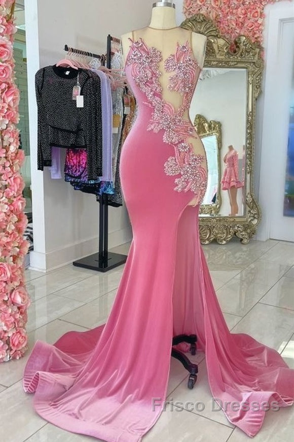 Pink Velvet Applique Beaded Formal Prom Dress, Sexy Mermaid Slit Evening Dress Main image