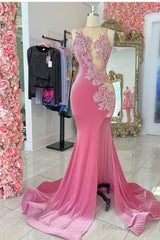 Pink Velvet Applique Beaded Prom Dresses, Sexy Mermaid Slit Evening Dresses