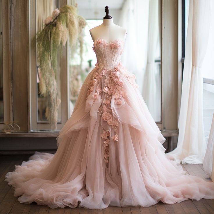 Pink Vintage A-Line Sweetheart Lace Tulle Long Evening Gown Applique Wedding Dress Main image