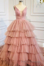 Blue V Neck Tiered Sleeveless Tulle Formal Prom Dress, Gorgeous Long Party Dress