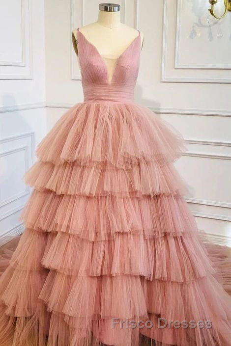 Blue V Neck Tiered Sleeveless Tulle Formal Prom Dress, Gorgeous Long Party Dress