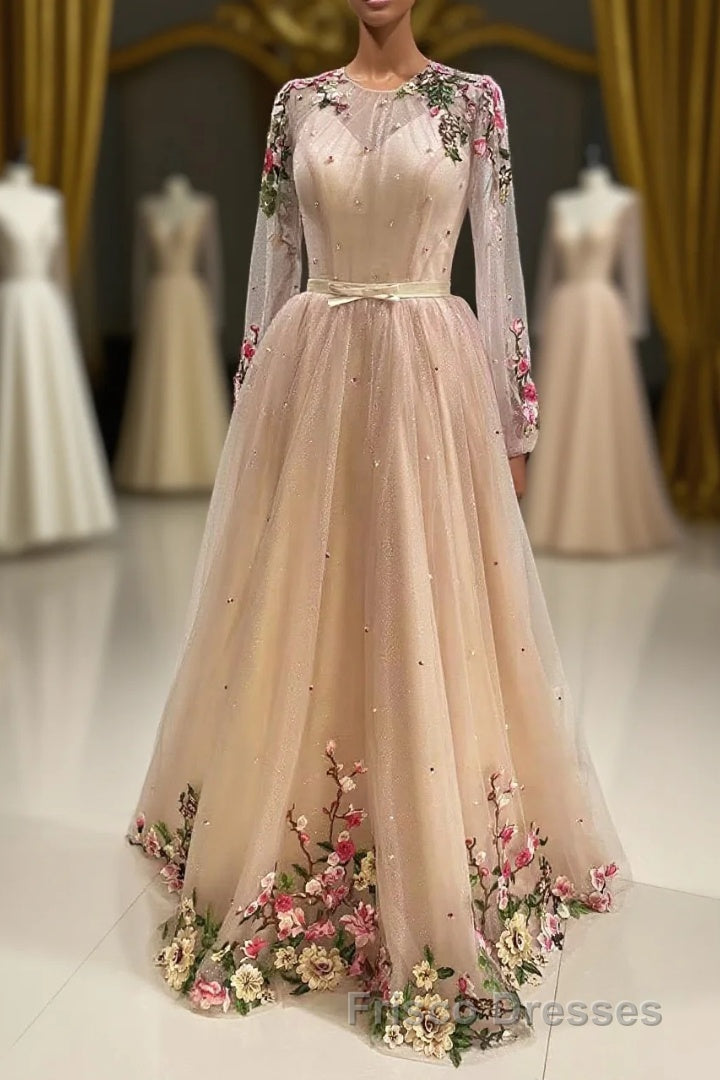 A Line Tulle Long Formal Prom Dress with Flowers, Pink Long Sleeves Party Dress with Beading Main image