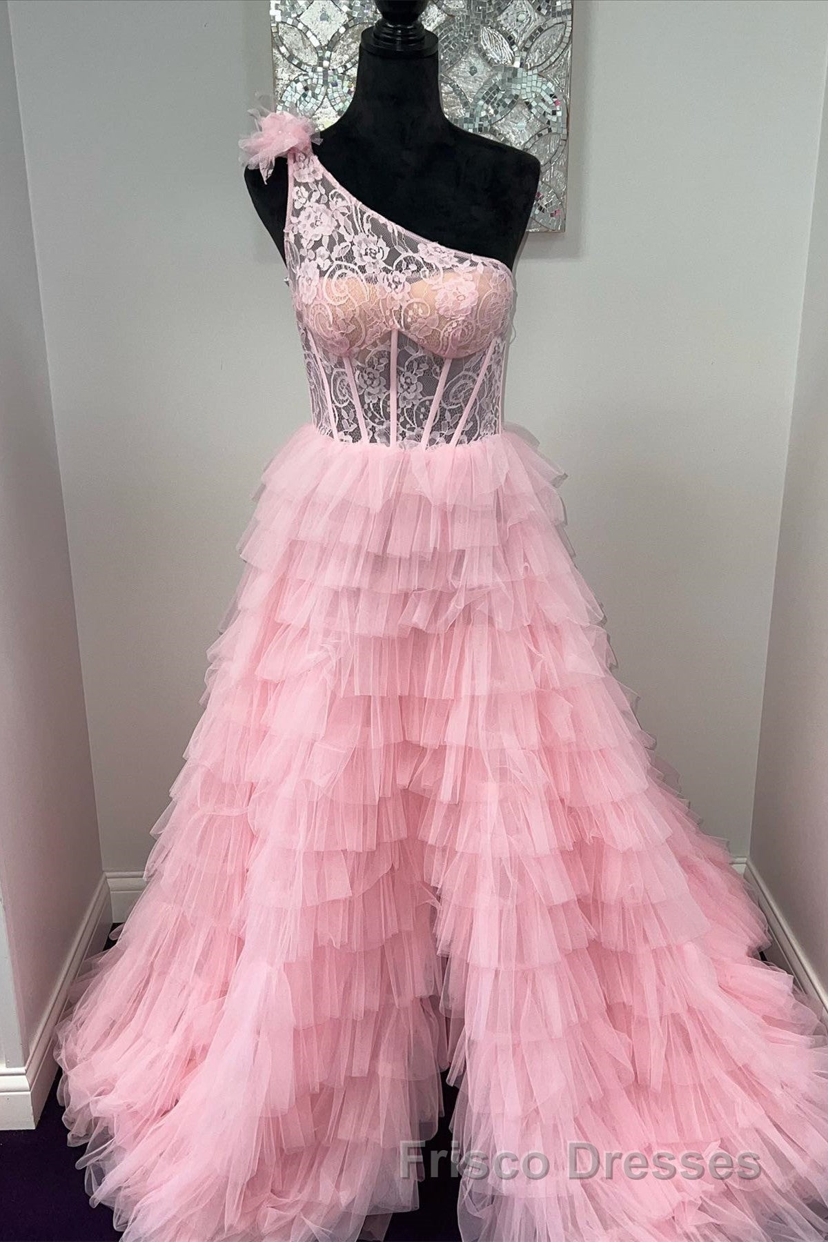 One Shoulder Lace and Tulle Tiered Ruffle Formal Prom Dress