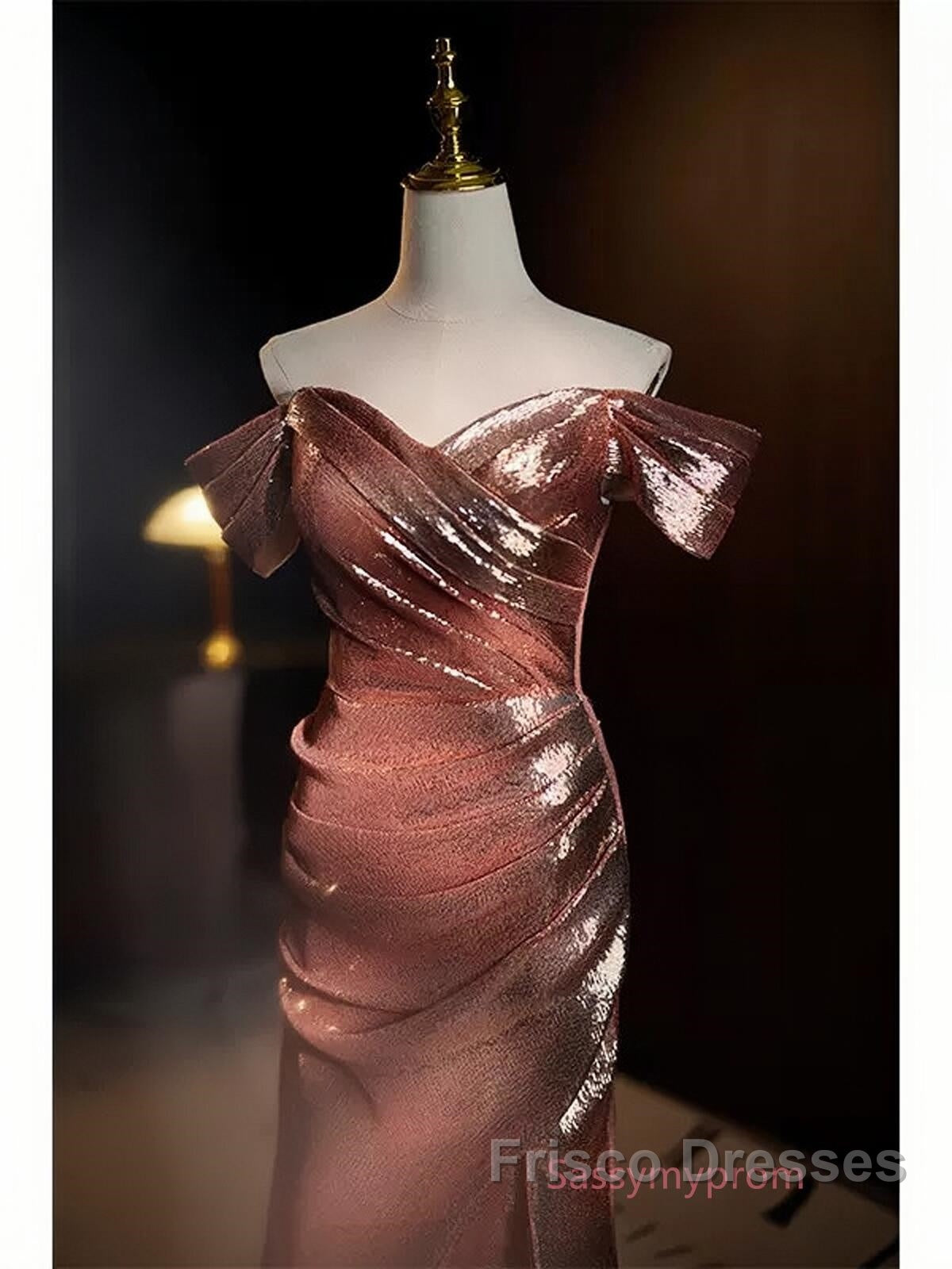 Pleat Trumpet Mermaid Coffee Sequin Formal Prom Dress With Slit
