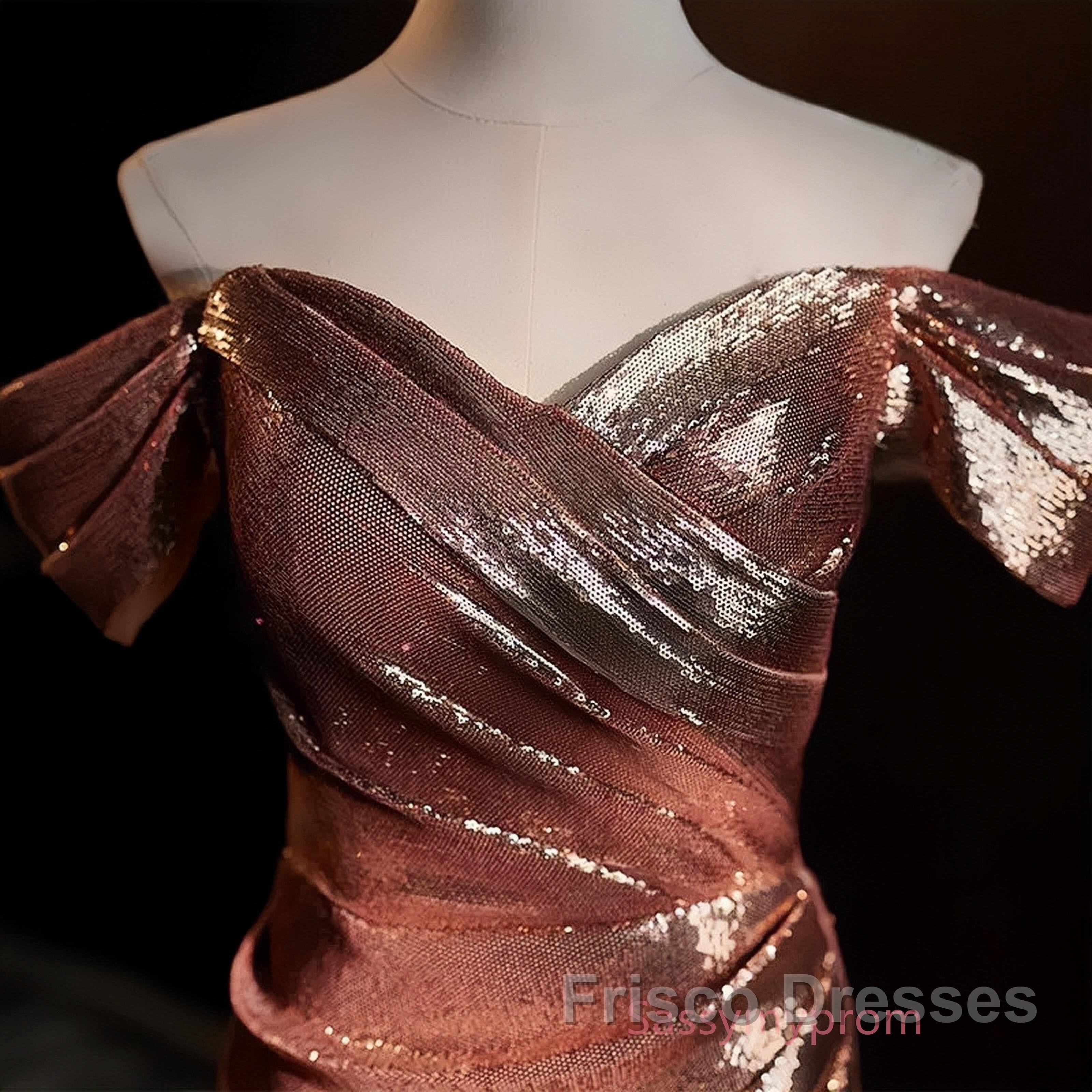 Pleat Trumpet Mermaid Coffee Sequin Formal Prom Dress With Slit