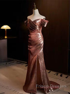 Pleat Trumpet Mermaid Coffee Sequin Formal Prom Dress With Slit