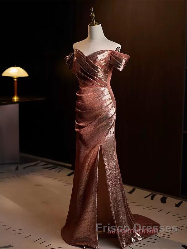 Pleat Trumpet Mermaid Coffee Sequin Formal Prom Dress With Slit