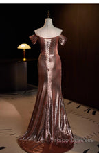 Pleat Trumpet Mermaid Coffee Sequin Formal Prom Dress With Slit