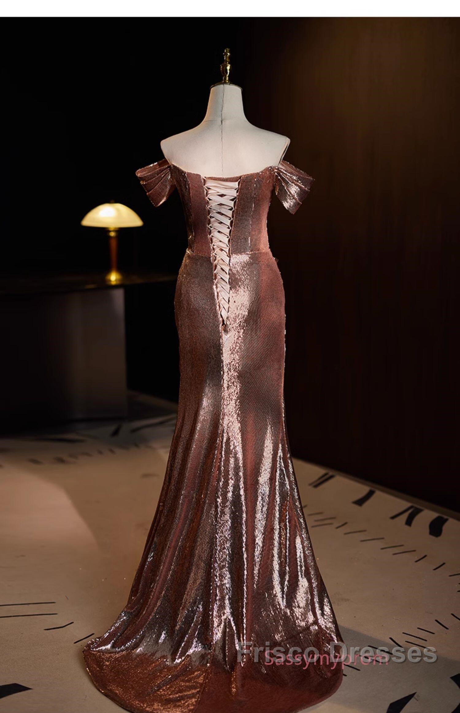 Pleat Trumpet Mermaid Coffee Sequin Formal Prom Dress With Slit