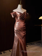 Pleat Trumpet Mermaid Coffee Sequin Formal Prom Dress With Slit