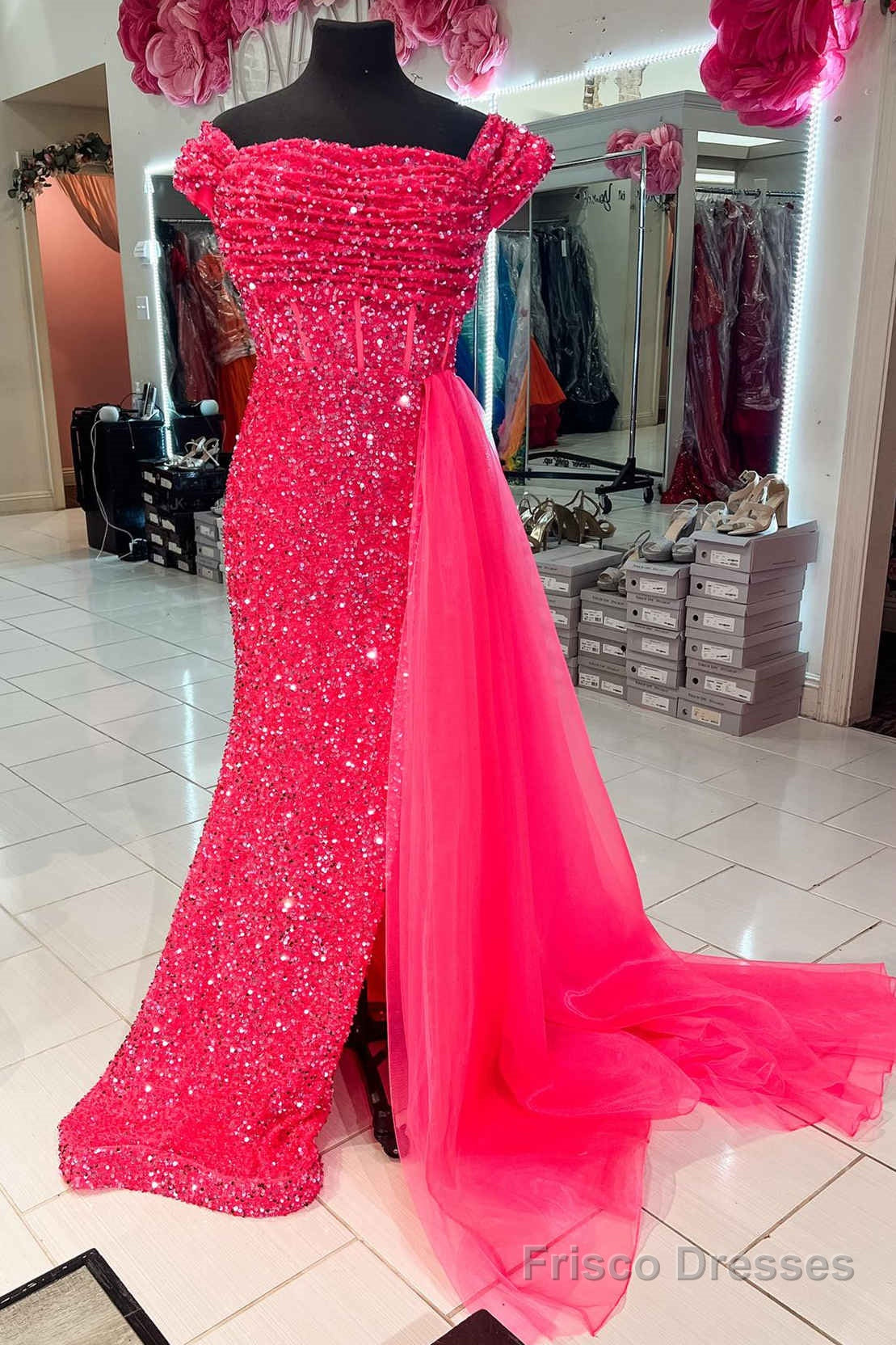 Pleated Hot Pink Off the Shoulder Sequin Prom Dress with Cape Main image