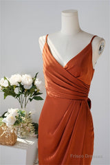 Pleated Pumpkin Sheath Bridesmaid Dress With Belt