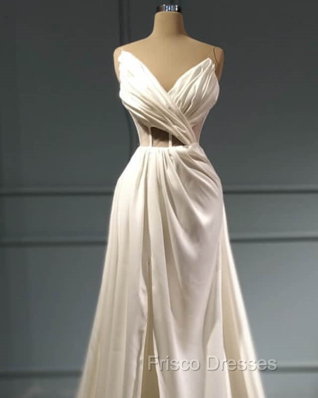 Pleated V Neck High Slit Satin Wedding Dress Secondary image