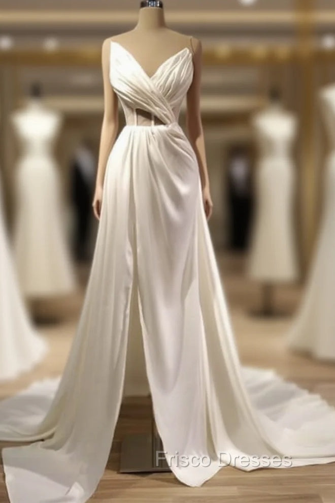Pleated V Neck High Slit Satin Wedding Dress Main image