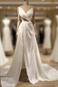 Pleated V Neck High Slit Satin Wedding Dress