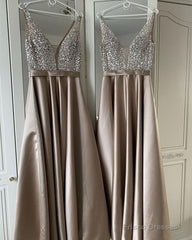 Plunge Neck Beaded Satin Dresses